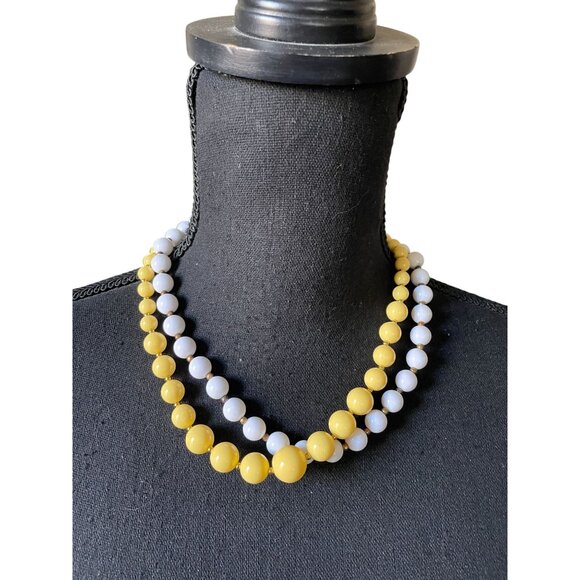 Vintage Double Strand Yellow & White Chunky Bead Statement Necklace - Picture 1 of 8